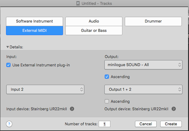 Create new External MIDI track in Logic Pro X