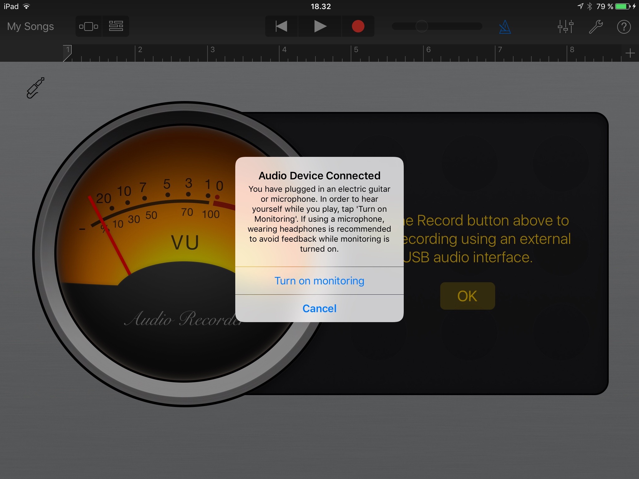 Audio device successfully connected to GarageBand on iOS